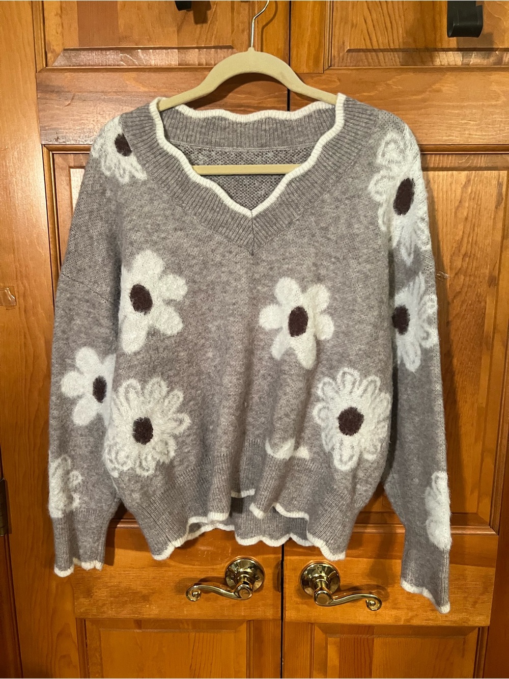 SHEIN Gray V-Neck Floral Fuzzy Sweater with Cream Flowers